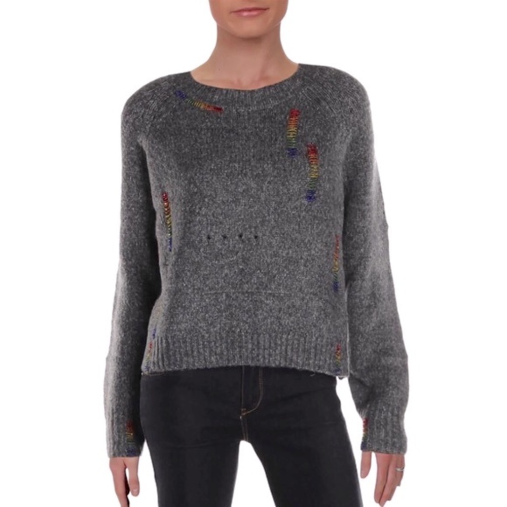Honey Punch Marled Distressed Embellished Sweater